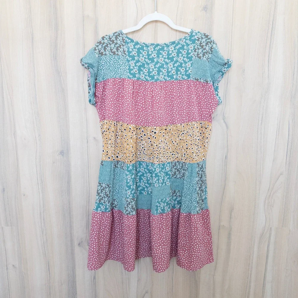 Kori Floral Parchwork Mini Dress Medium Multicolor Tiered Boho Cottage Summer - Picture 6 of 9